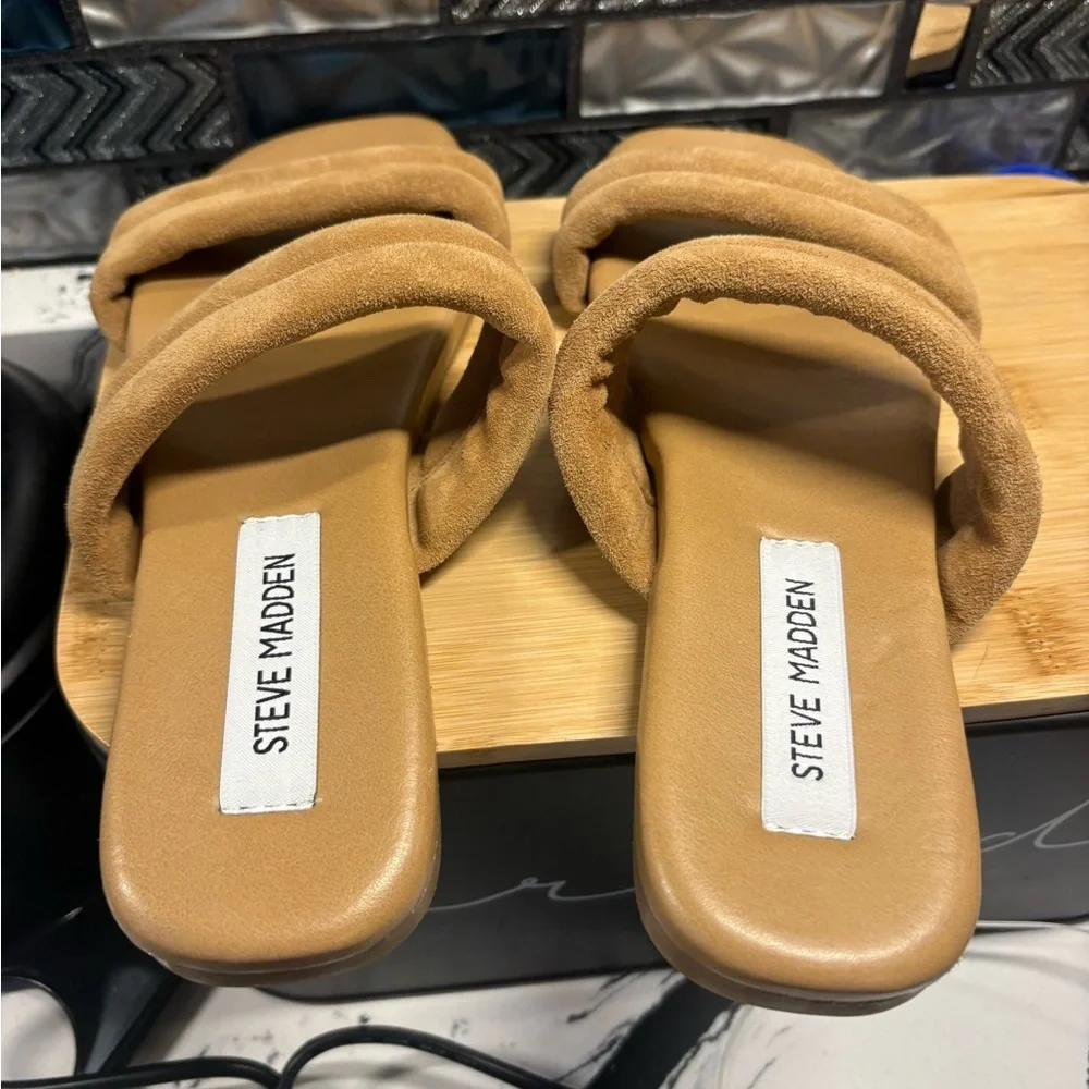 Steve Madden Tan Suede Padded Double-Strap Slide Sandals